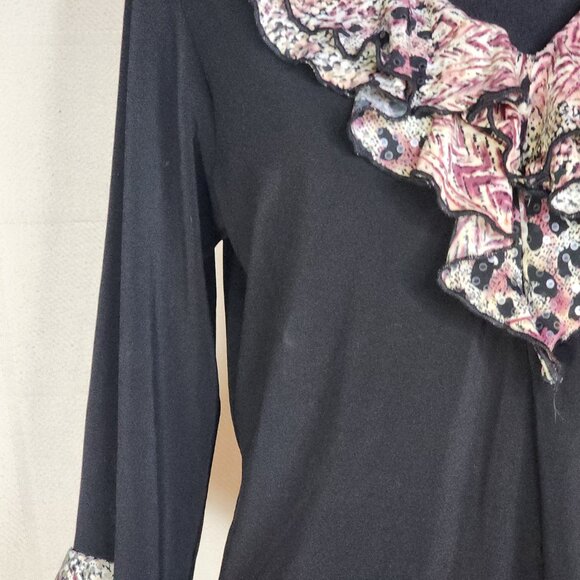 Jaipur Y2K Black Maroon Black Tan Animal Print Ruffle Neck Sequin LS Top Size XL - Picture 7 of 16